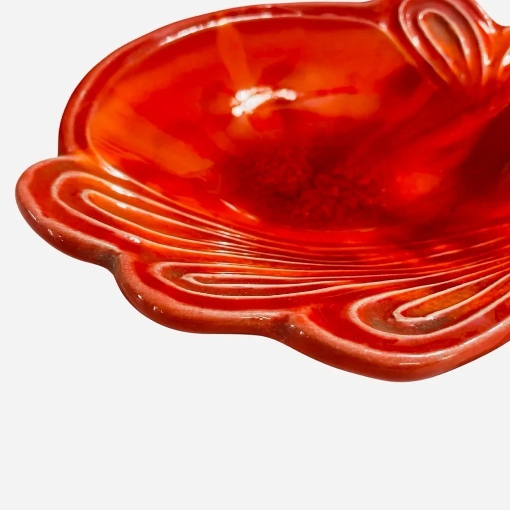1960s Cal Style USA Orange Pottery Divided Candy Dish MCM Leaf Tidbit Tray